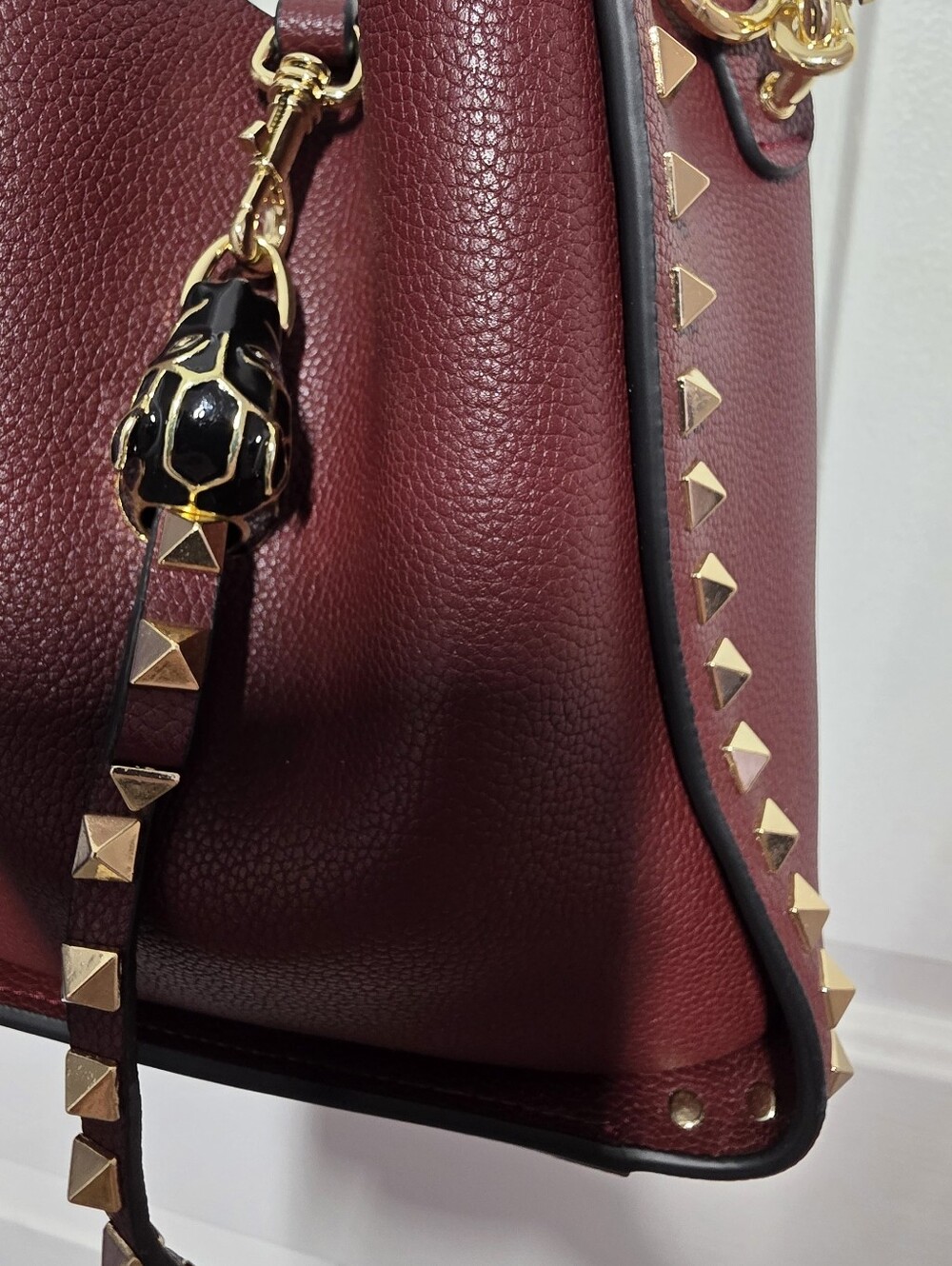 Studded Burgundy Leather Bucket Bag - Picture 10 of 16